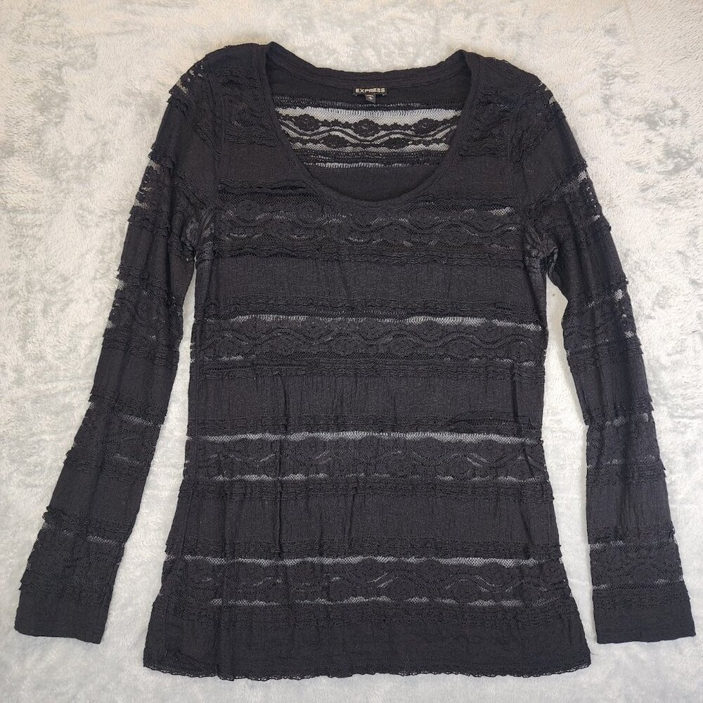 Express LongSleeve Lace Striped Top Womens SzLarge Black\Sheer Horizontal Stripe